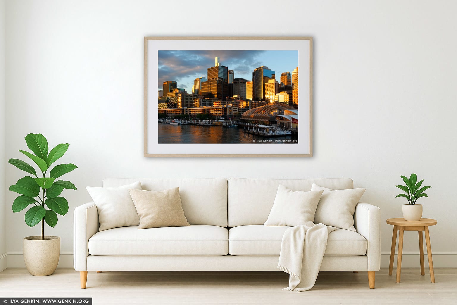 Darling Harbour at Sunset wall art in a luxury living room interior