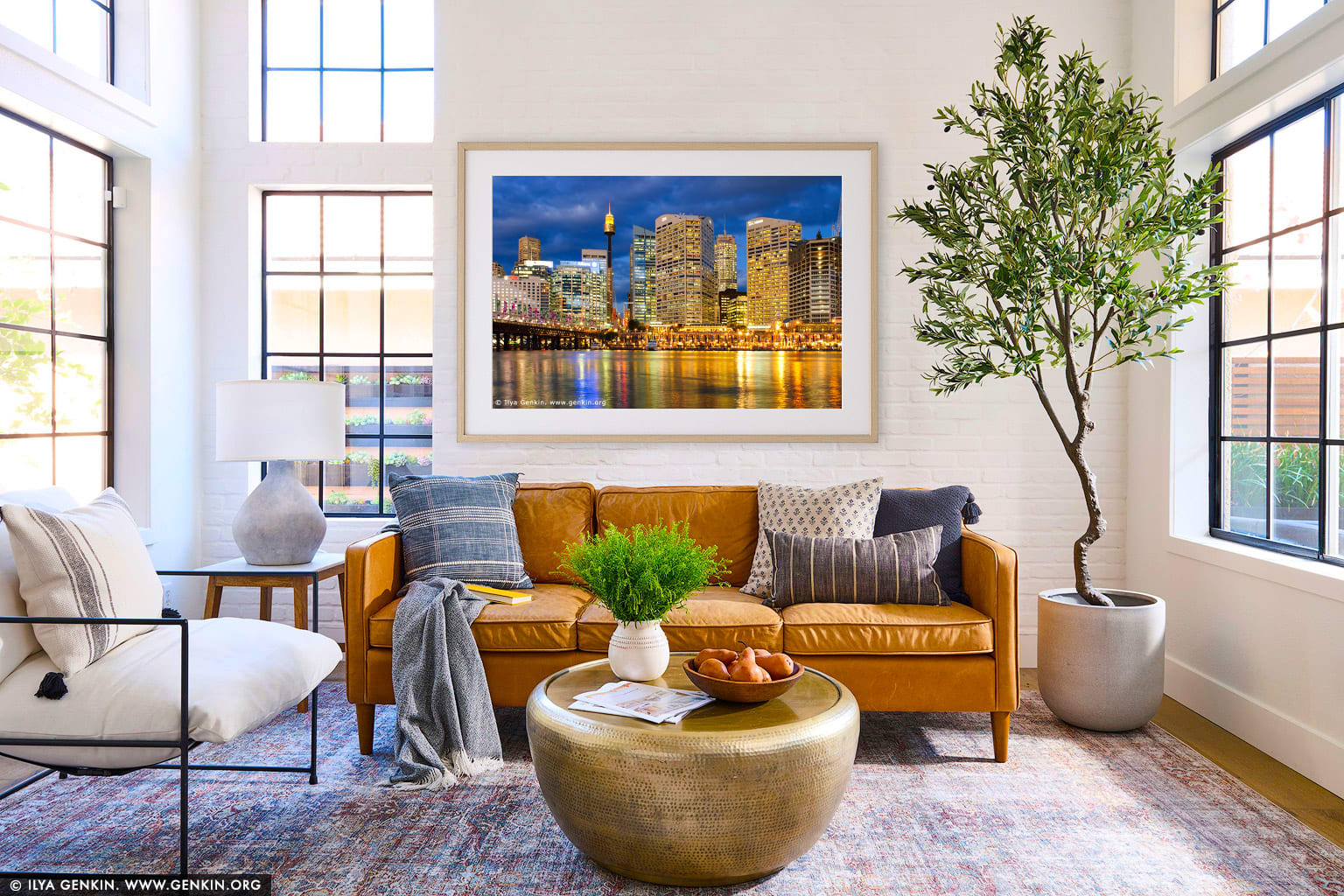 Darling Harbour after Sunset wall art in a minimalist living room interior
