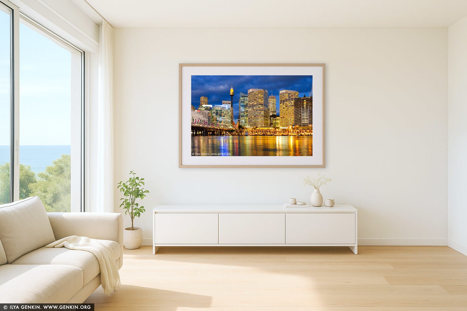 Darling Harbour after Sunset wall art in a minimalist living room interior