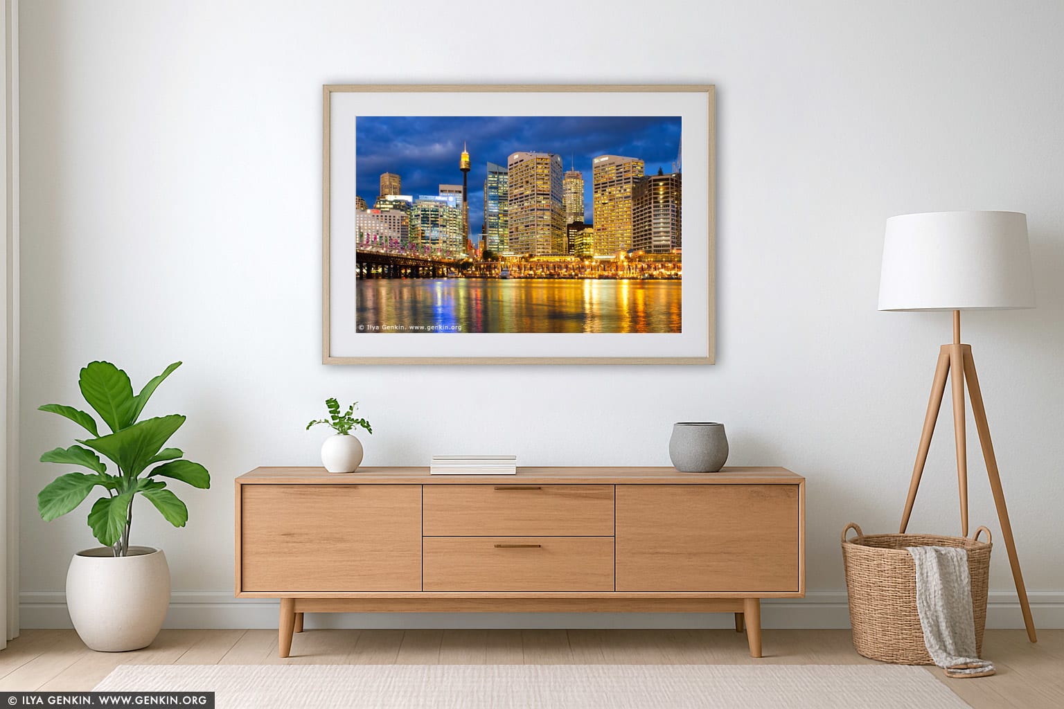 Darling Harbour after Sunset wall art in a luxury living room interior
