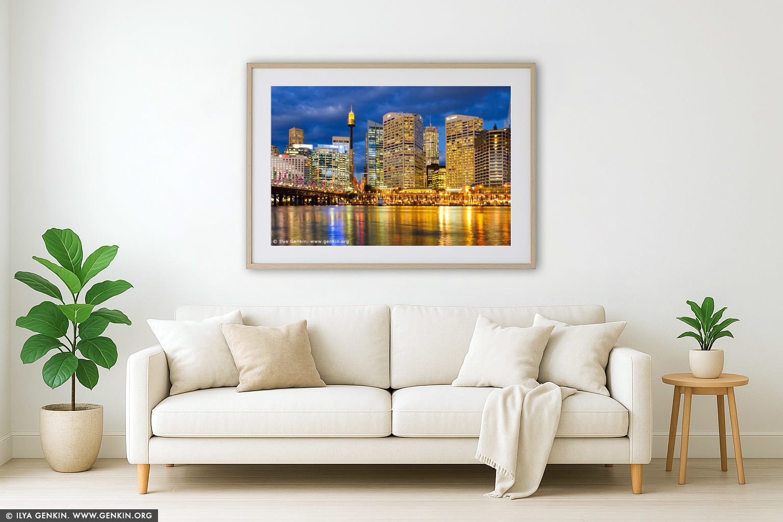 Darling Harbour after Sunset wall art in a contemporary living room interior