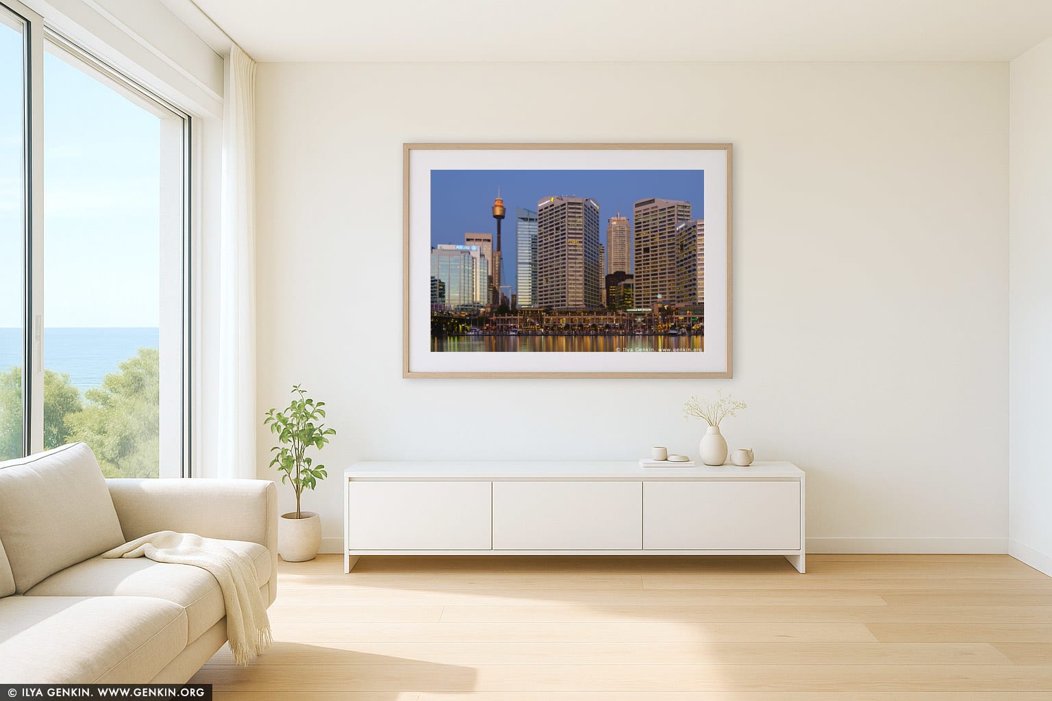 Sydney CBD from Darling Harbour  wall art in a minimalist living room interior