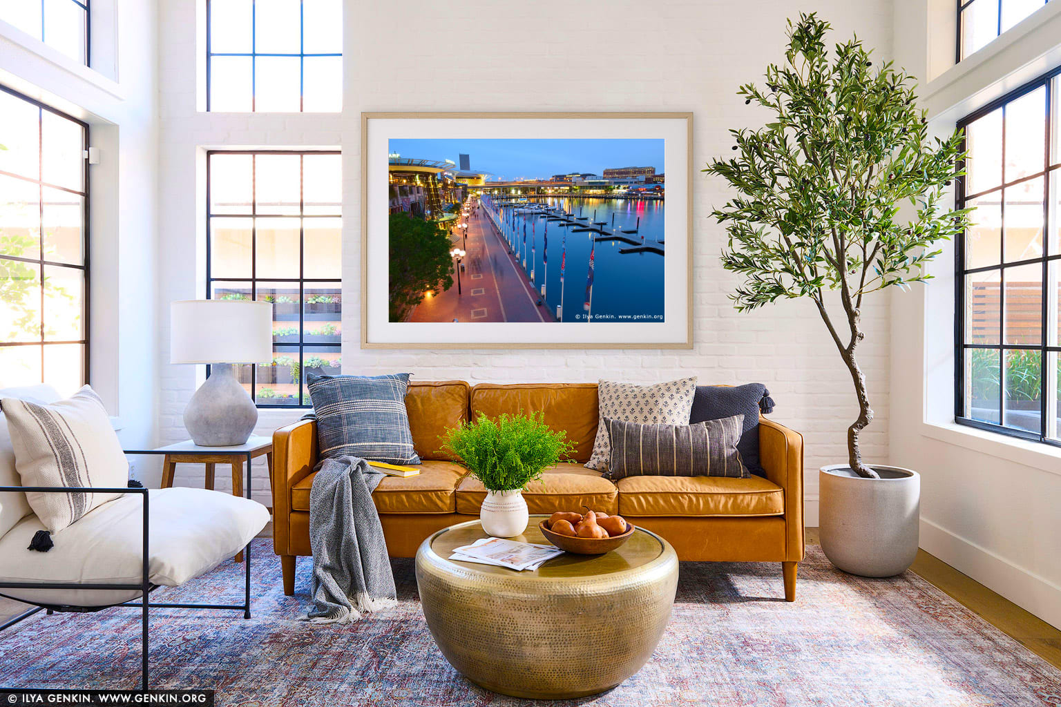 Cockle Bay Wharf Promenade at Sunset wall art in a luxury living room interior