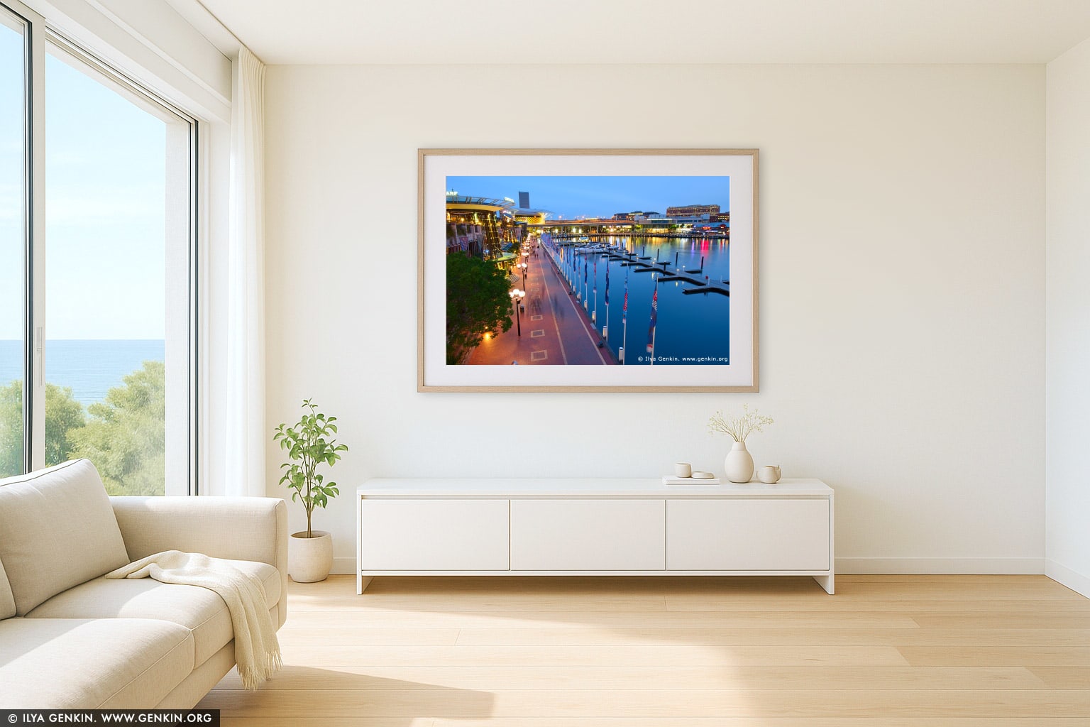 Cockle Bay Wharf Promenade at Sunset wall art in a luxury living room interior