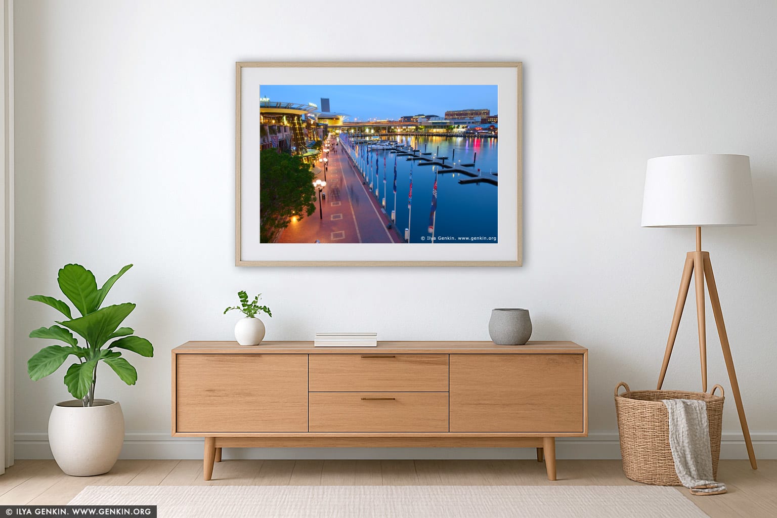 Cockle Bay Wharf Promenade at Sunset wall art in a modern living room interior