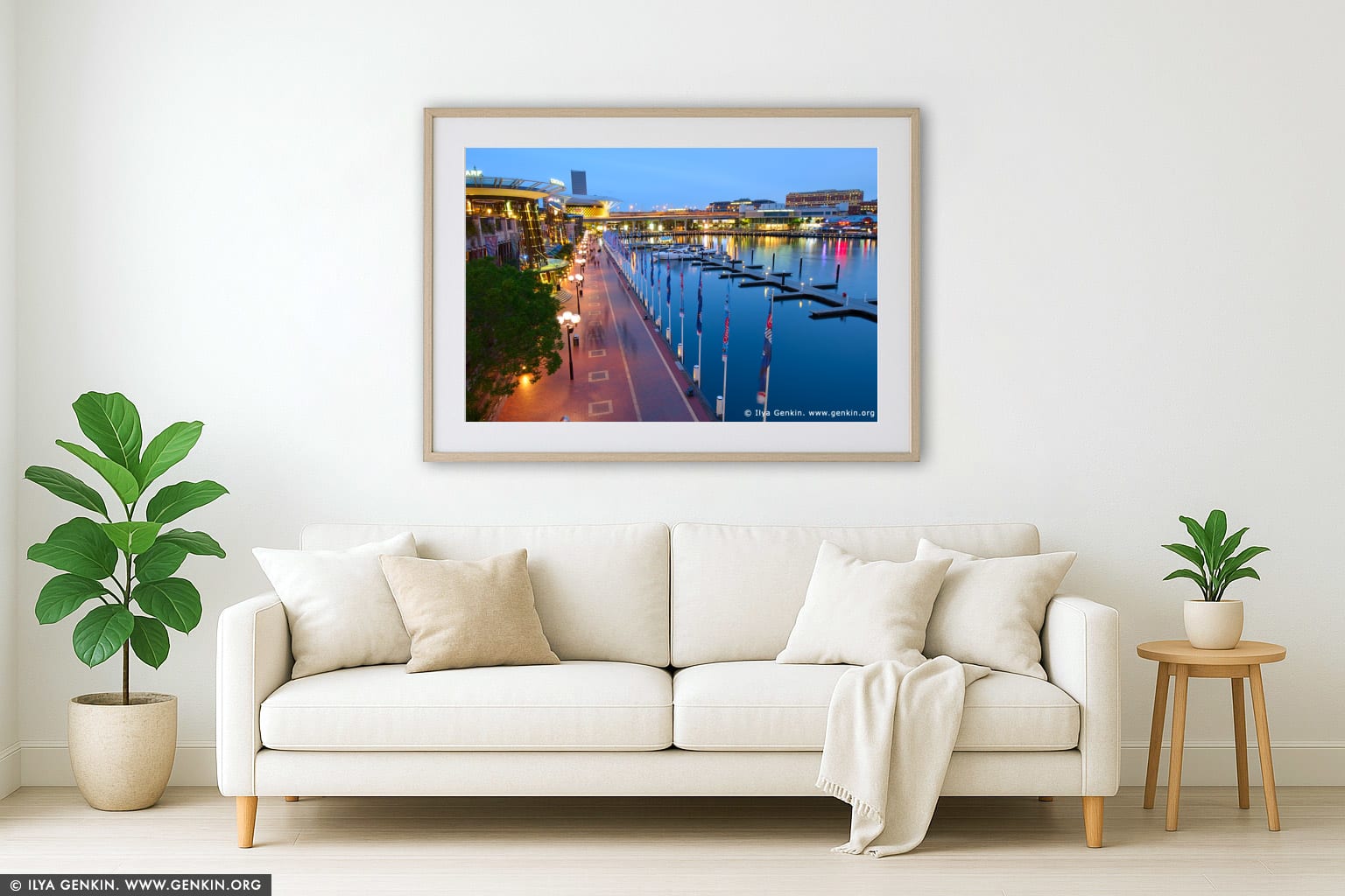 Cockle Bay Wharf Promenade at Sunset wall art in a minimalist living room interior
