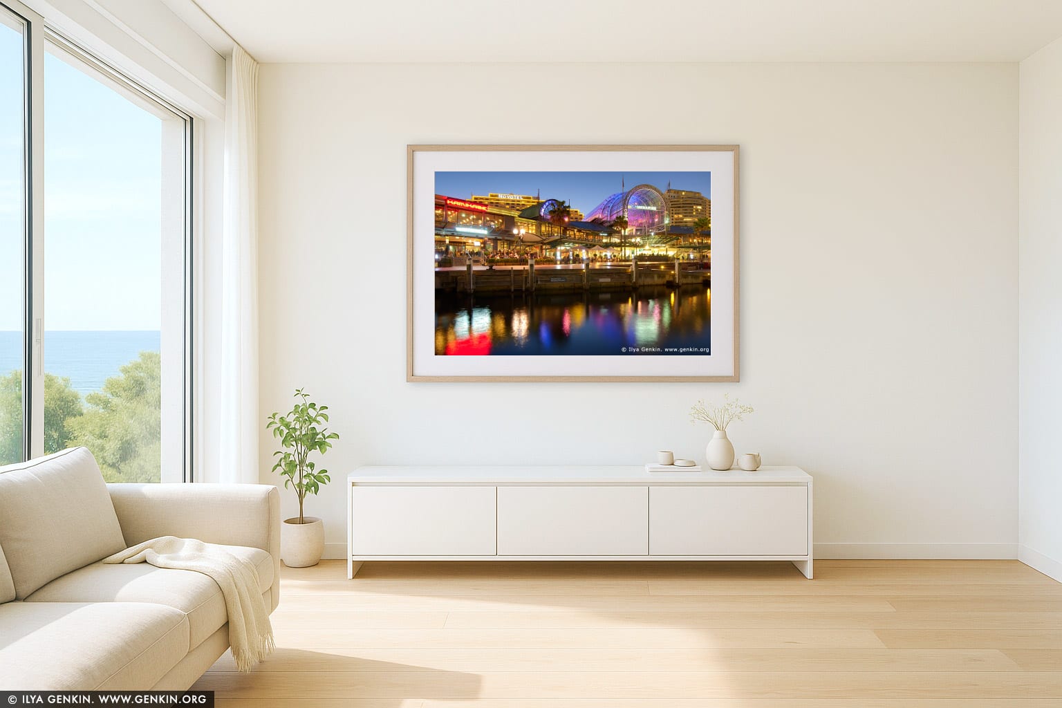 Waterfront Promenade at Darling Harbour after Sunset wall art in a minimalist living room interior