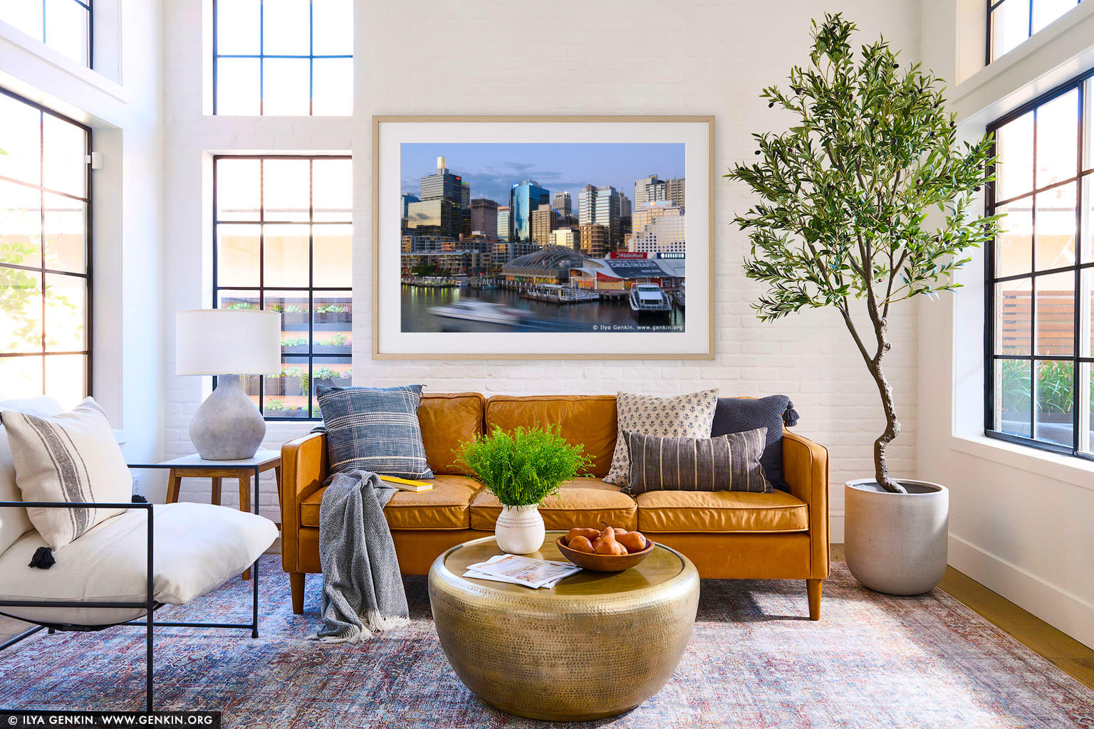 Darling Harbour at Twilight wall art in a luxury living room interior