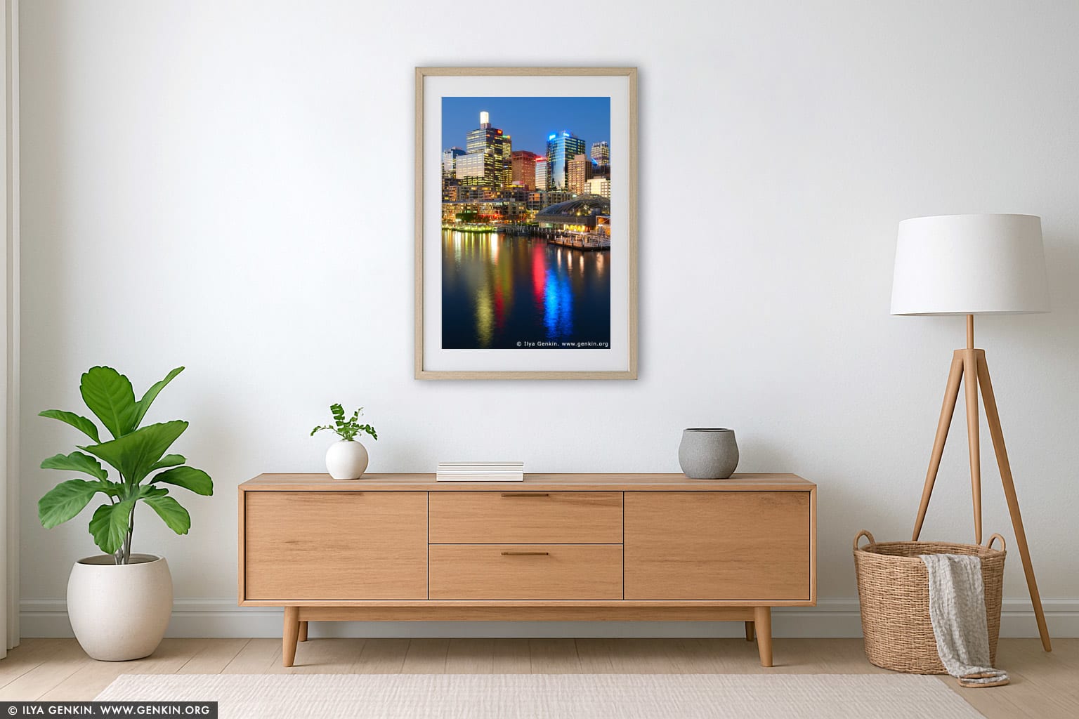 Darling Harbour after Sunset wall art in a contemporary living room interior