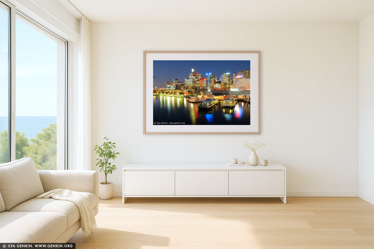 Darling Harbour at Night wall art in a contemporary living room interior