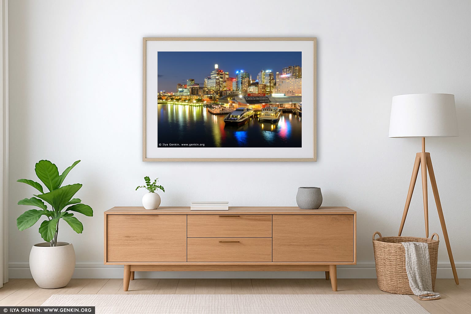 Darling Harbour at Night wall art in a minimalist living room interior