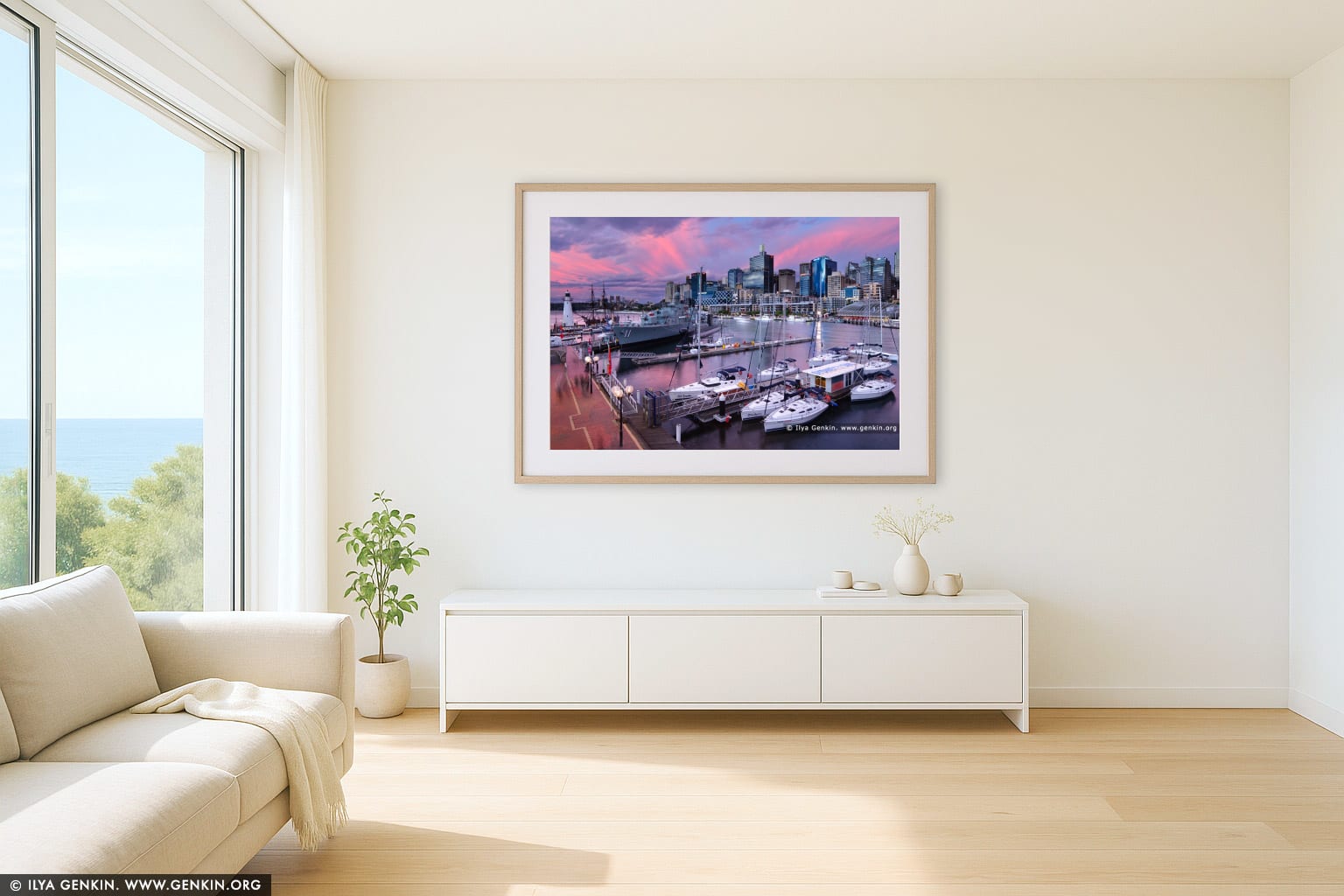 Dramatic Sunset Above Darling Harbour wall art in a modern living room interior