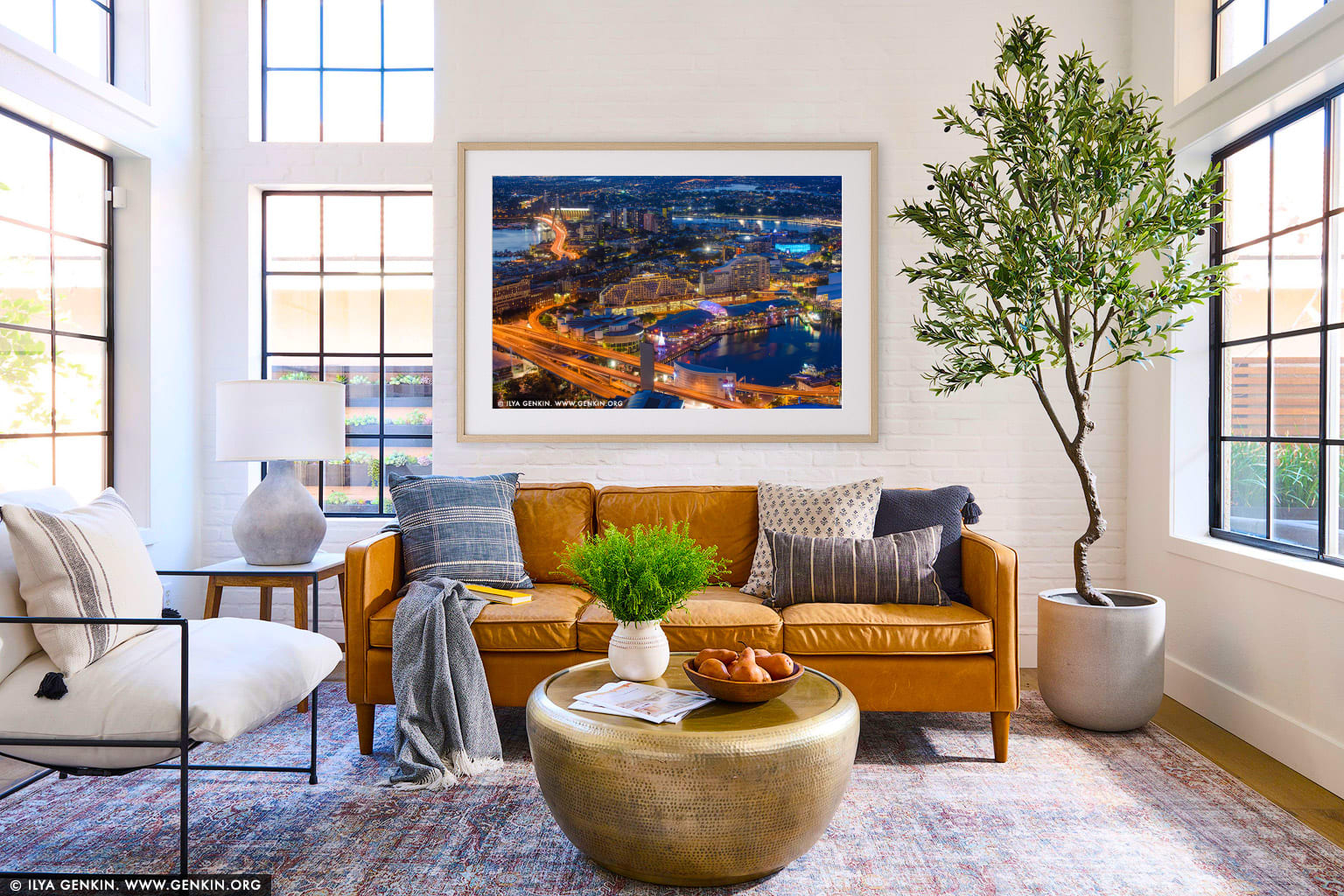 Darling Harbour at Night from Above wall art in a luxury living room interior