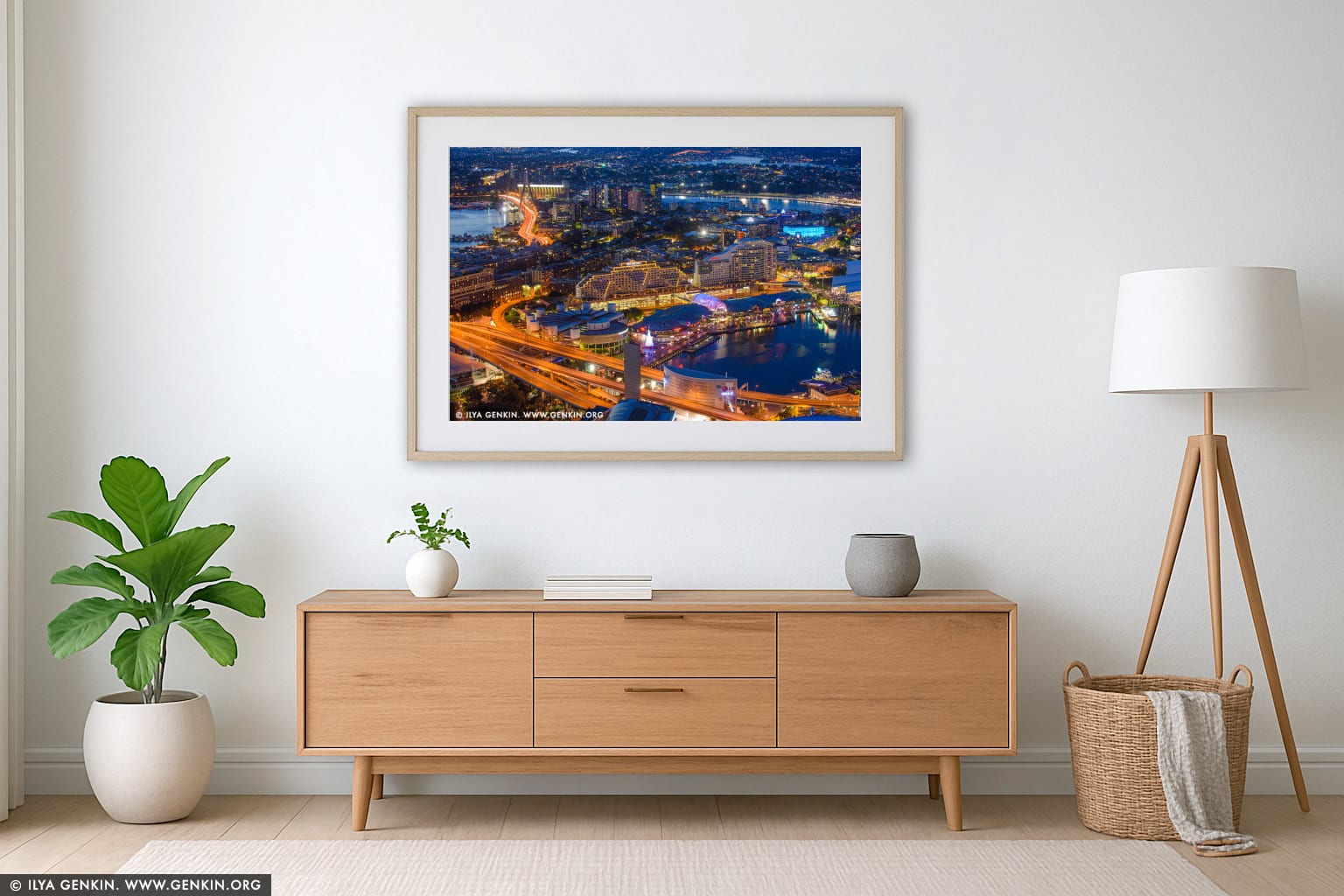 Darling Harbour at Night from Above wall art in a modern living room interior