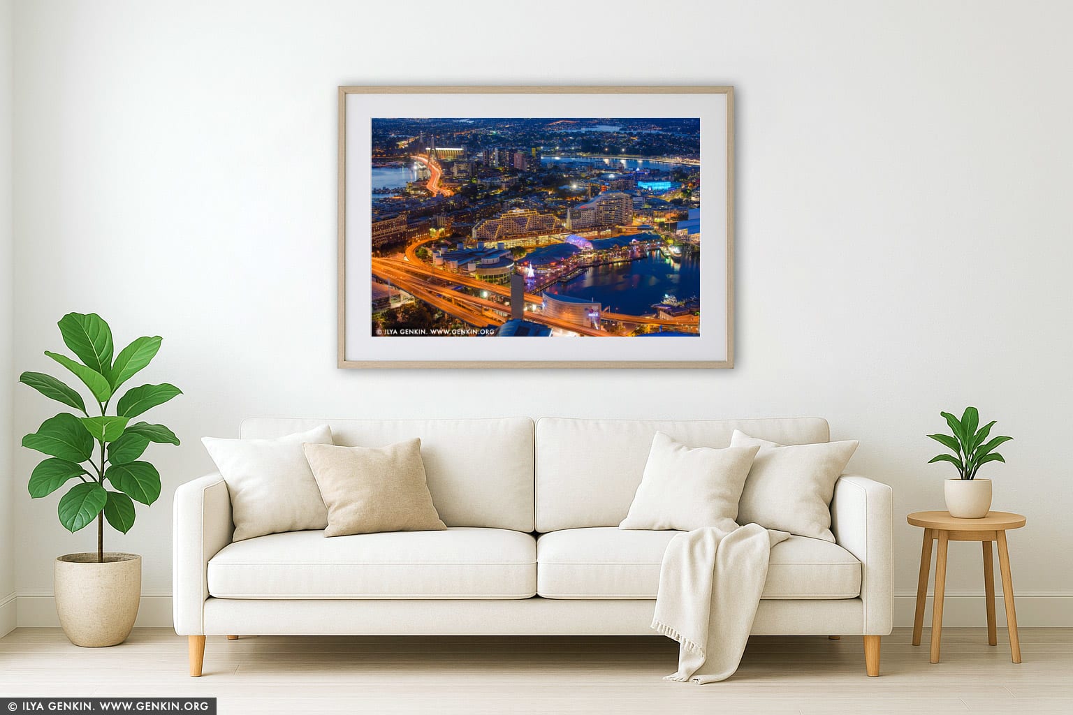 Darling Harbour at Night from Above wall art in a minimalist living room interior