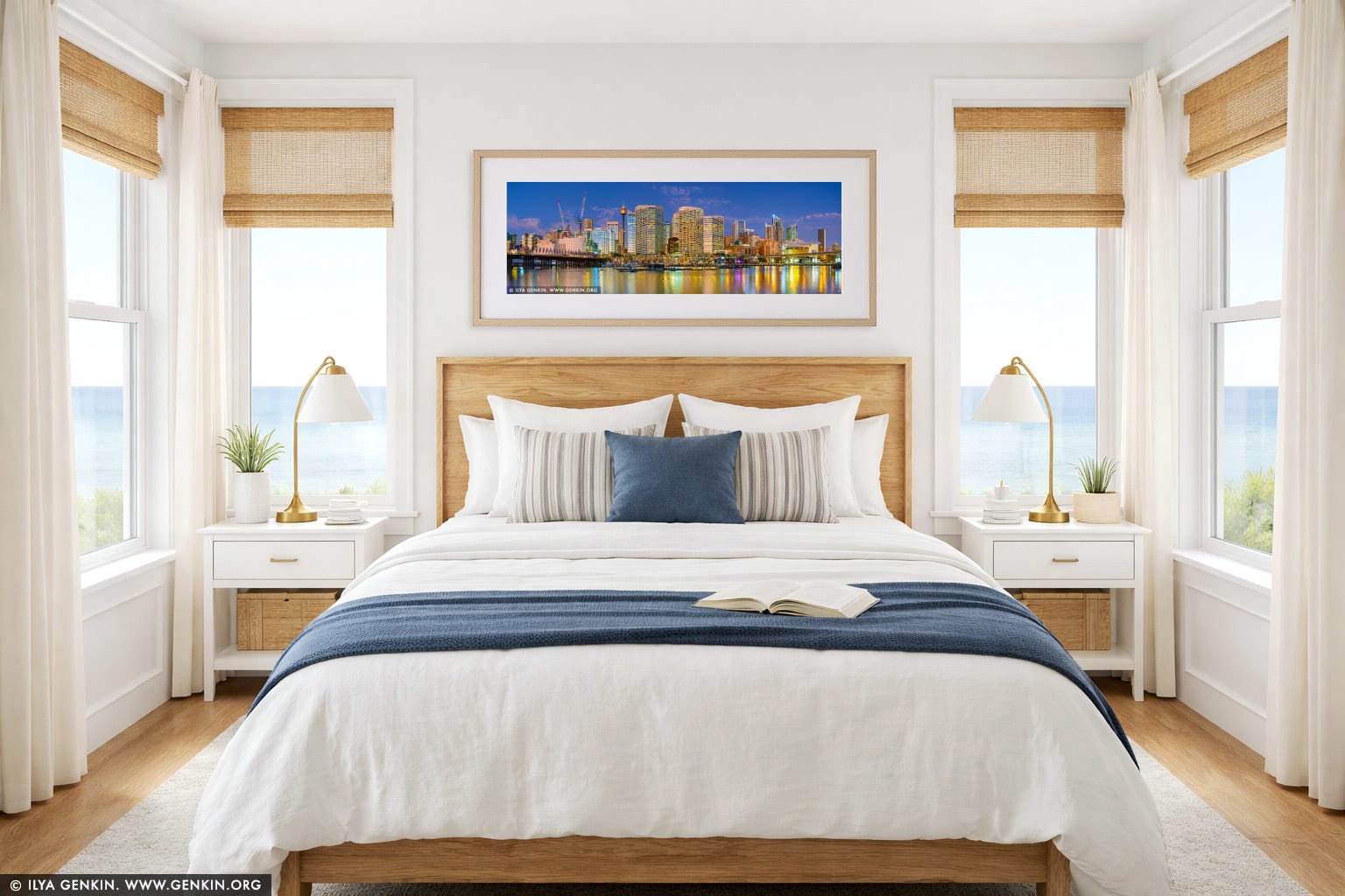 Darling Harbour Panorama at Dusk wall art in a bedroom interior