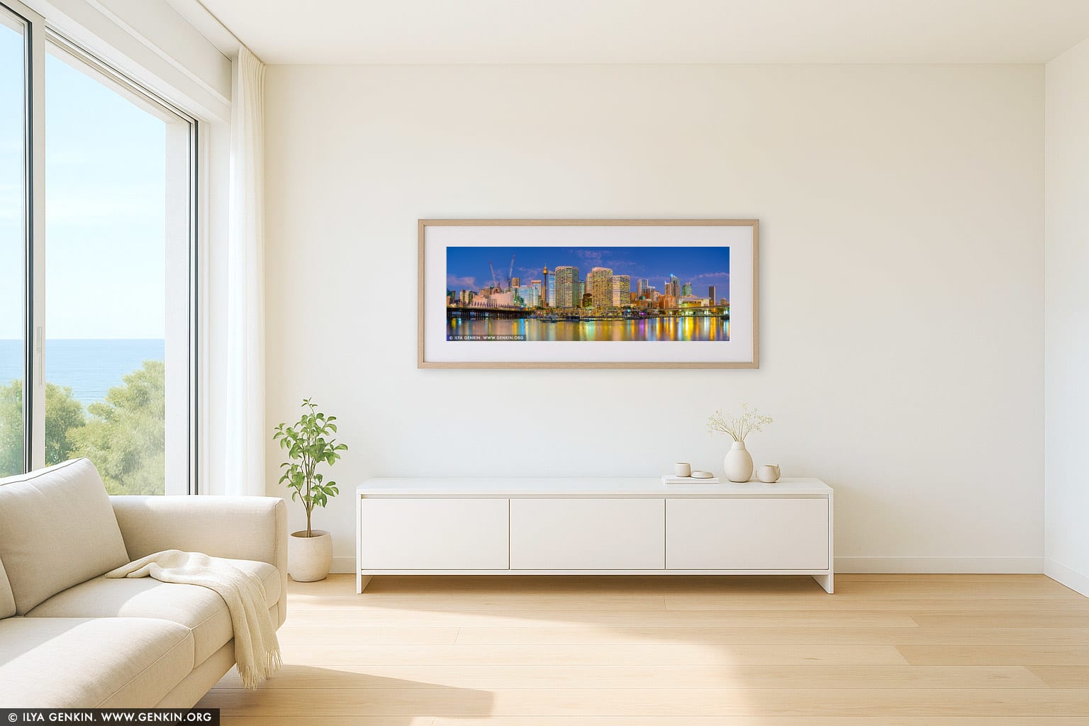 Darling Harbour Panorama at Dusk wall art in a modern living room interior
