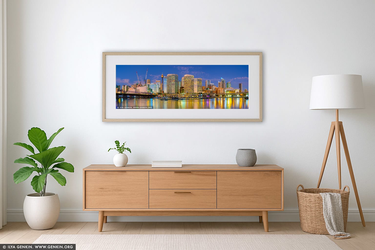 Darling Harbour Panorama at Dusk wall art in a contemporary living room interior