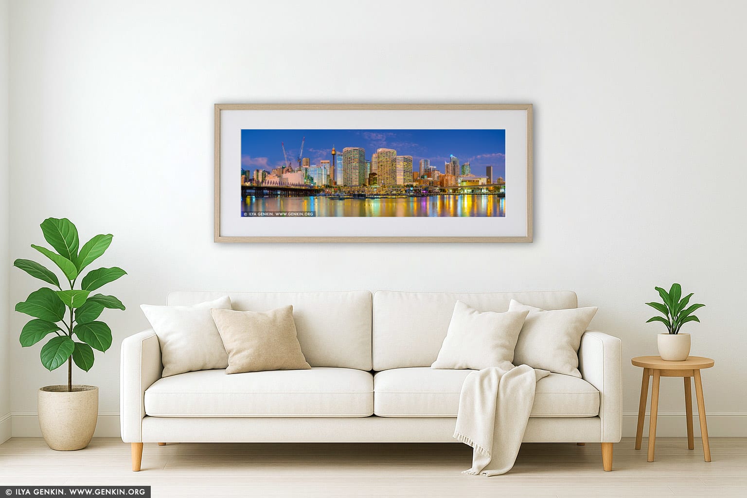 Darling Harbour Panorama at Dusk wall art in a luxury living room interior