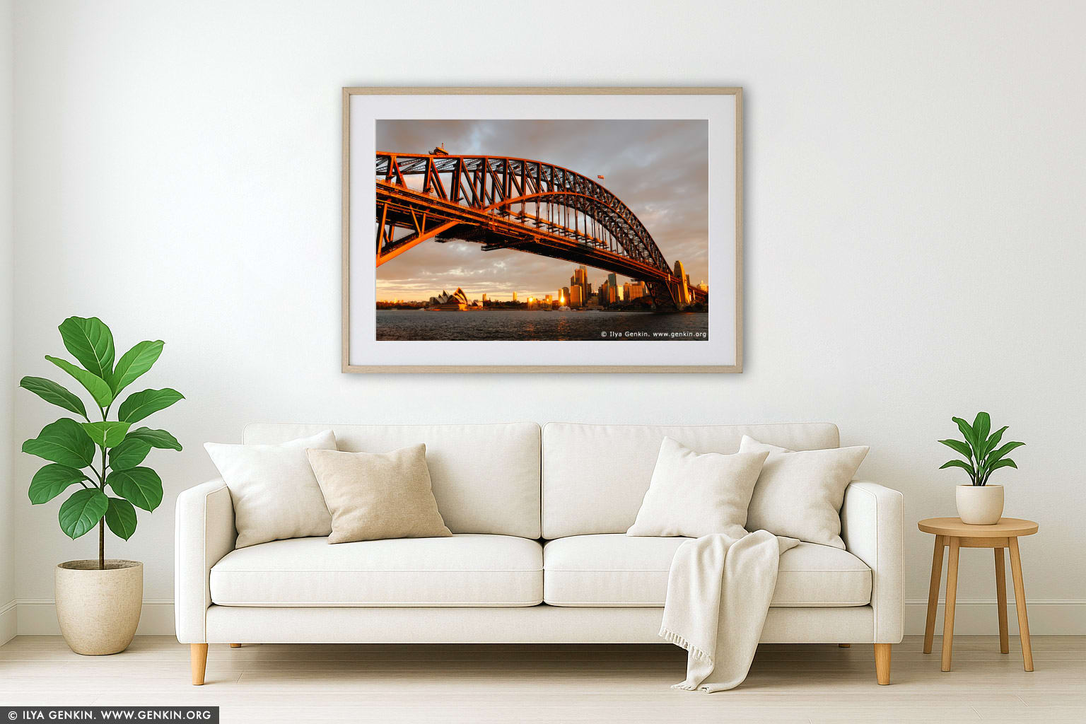 Sydney Harbour Bridge and Opera House at Sunset wall art in a modern living room interior