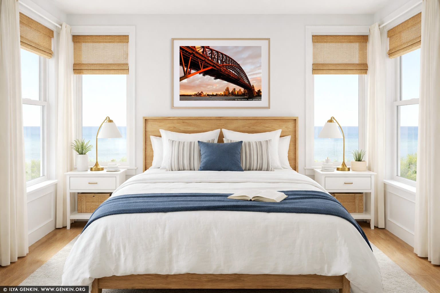 Harbour Bridge at Sunset from Luna Park wall art in a bedroom interior