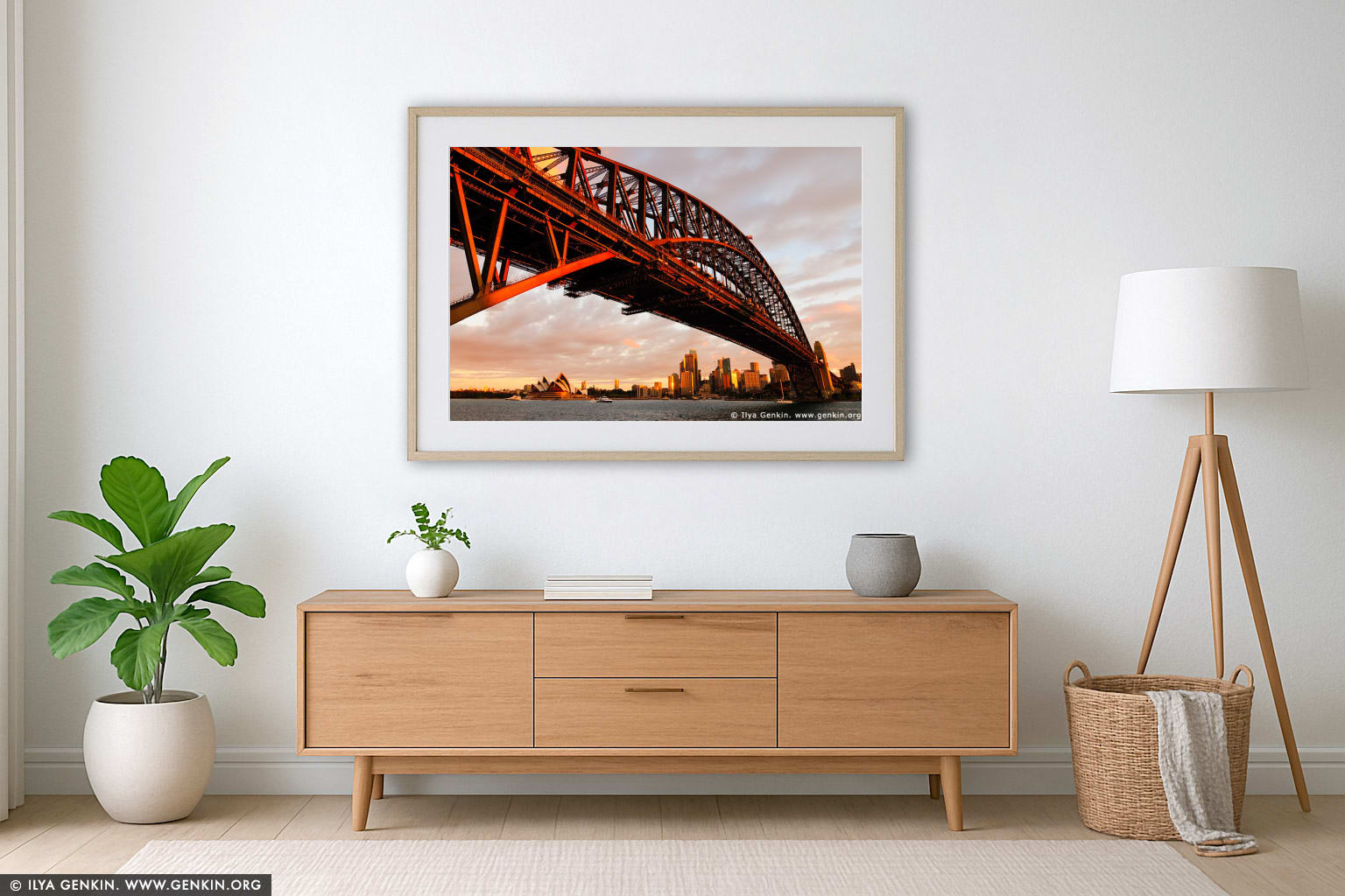 Harbour Bridge at Sunset from Luna Park wall art in a contemporary living room interior