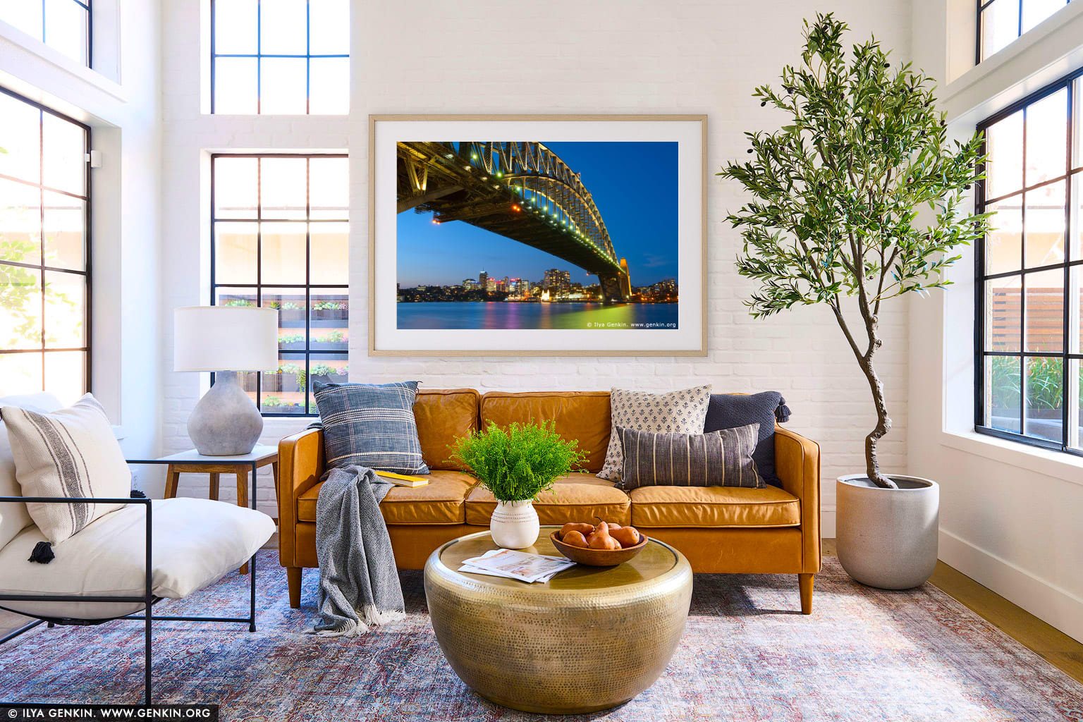 Sydney Harbour Bridge at Dusk wall art in a contemporary living room interior