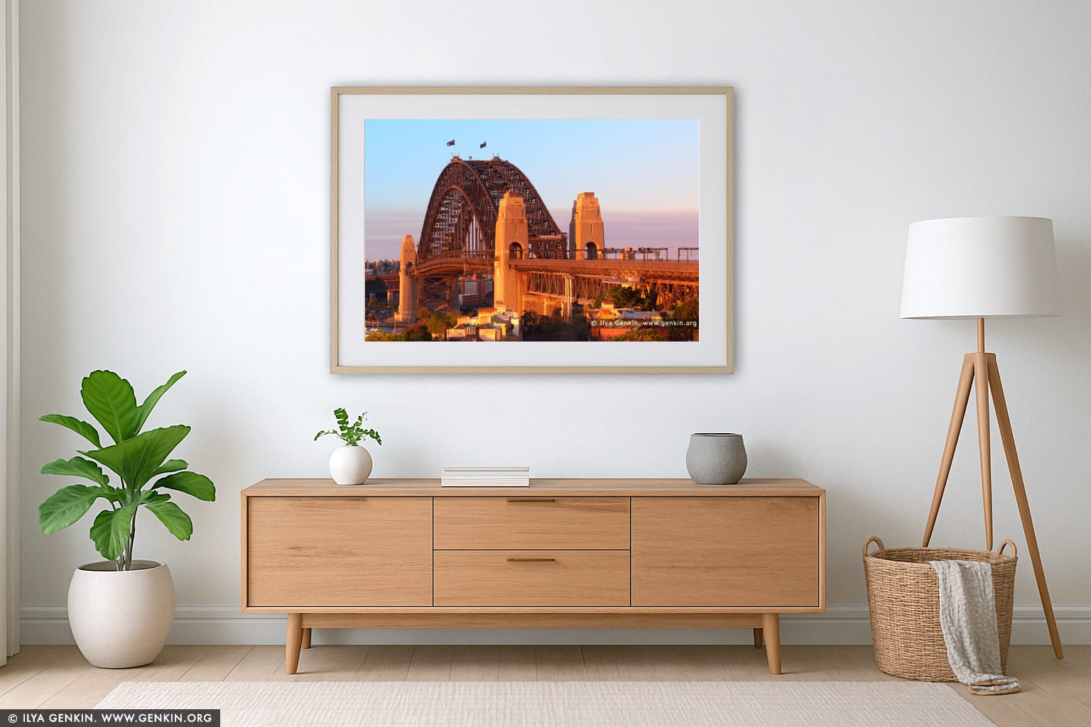 Sydney Harbour Bridge at Sunset from Observatory Hill wall art in a luxury living room interior