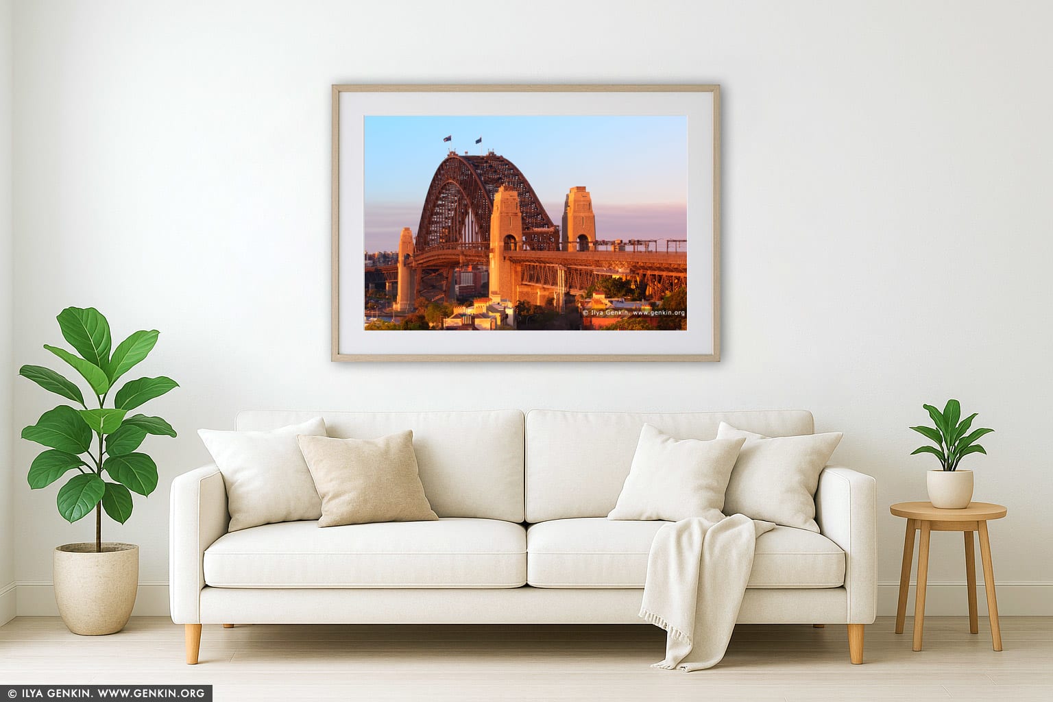 Sydney Harbour Bridge at Sunset from Observatory Hill wall art in a contemporary living room interior