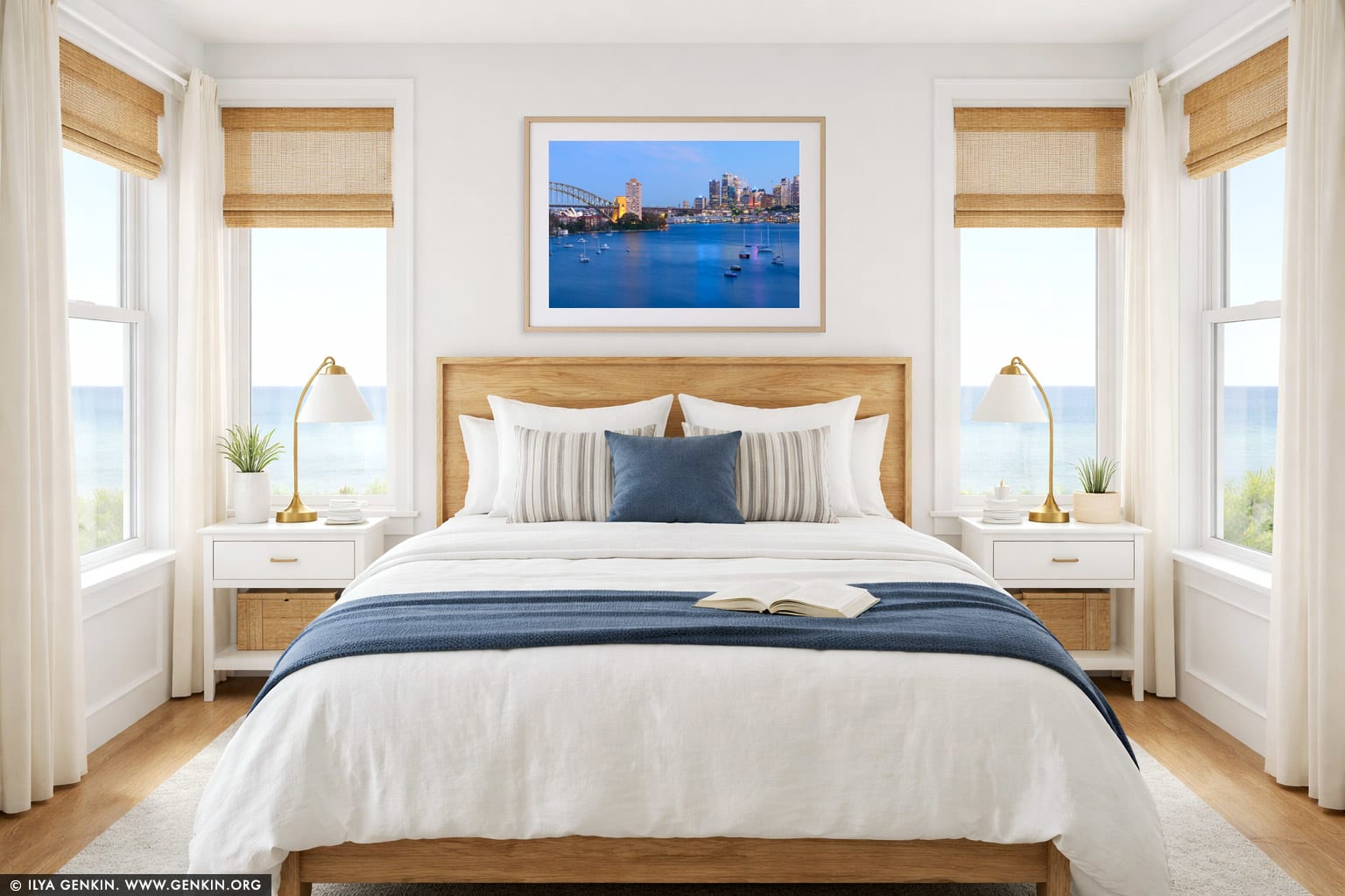 Panoramic View of Sydney City at Dusk wall art in a bedroom interior