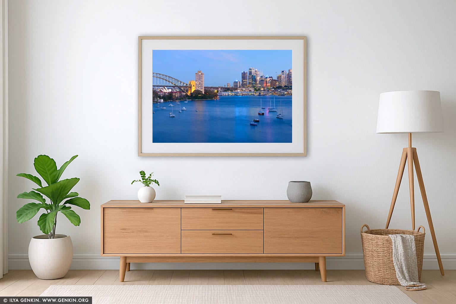 Panoramic View of Sydney City at Dusk wall art in a modern living room interior