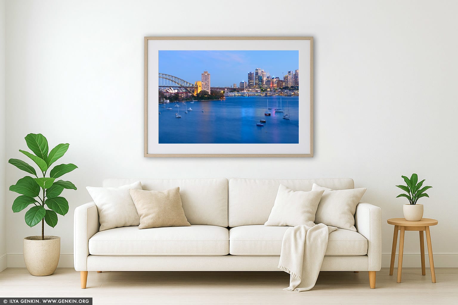 Panoramic View of Sydney City at Dusk wall art in a minimalist living room interior