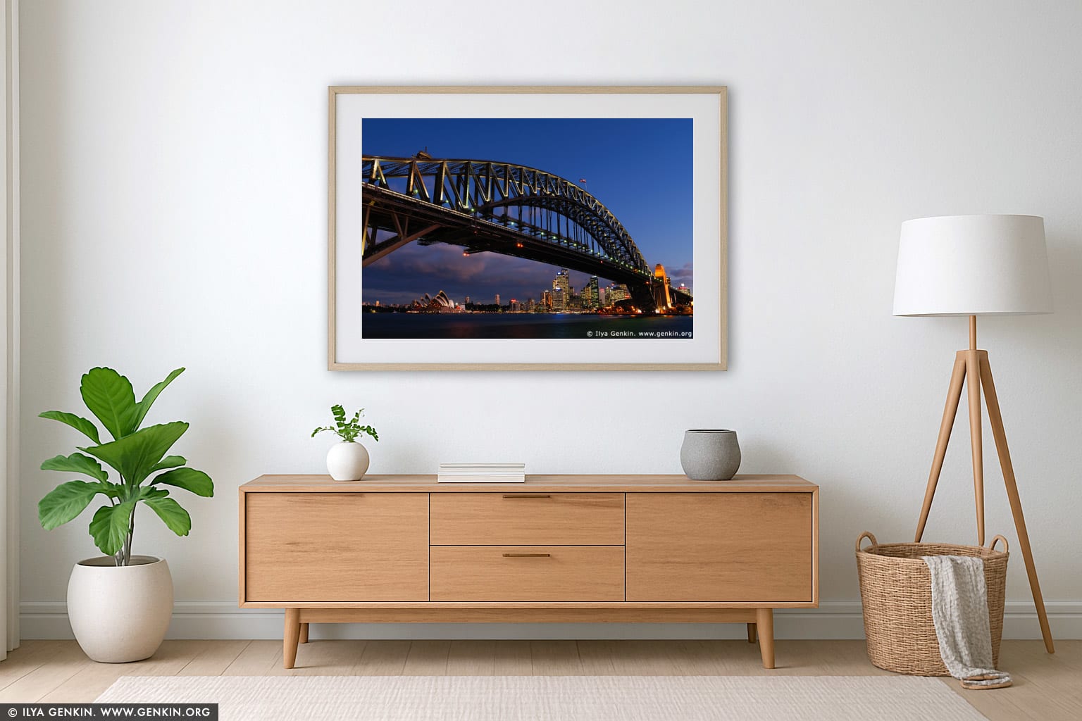 Harbour Bridge at Sunset from Luna Park wall art in a contemporary living room interior