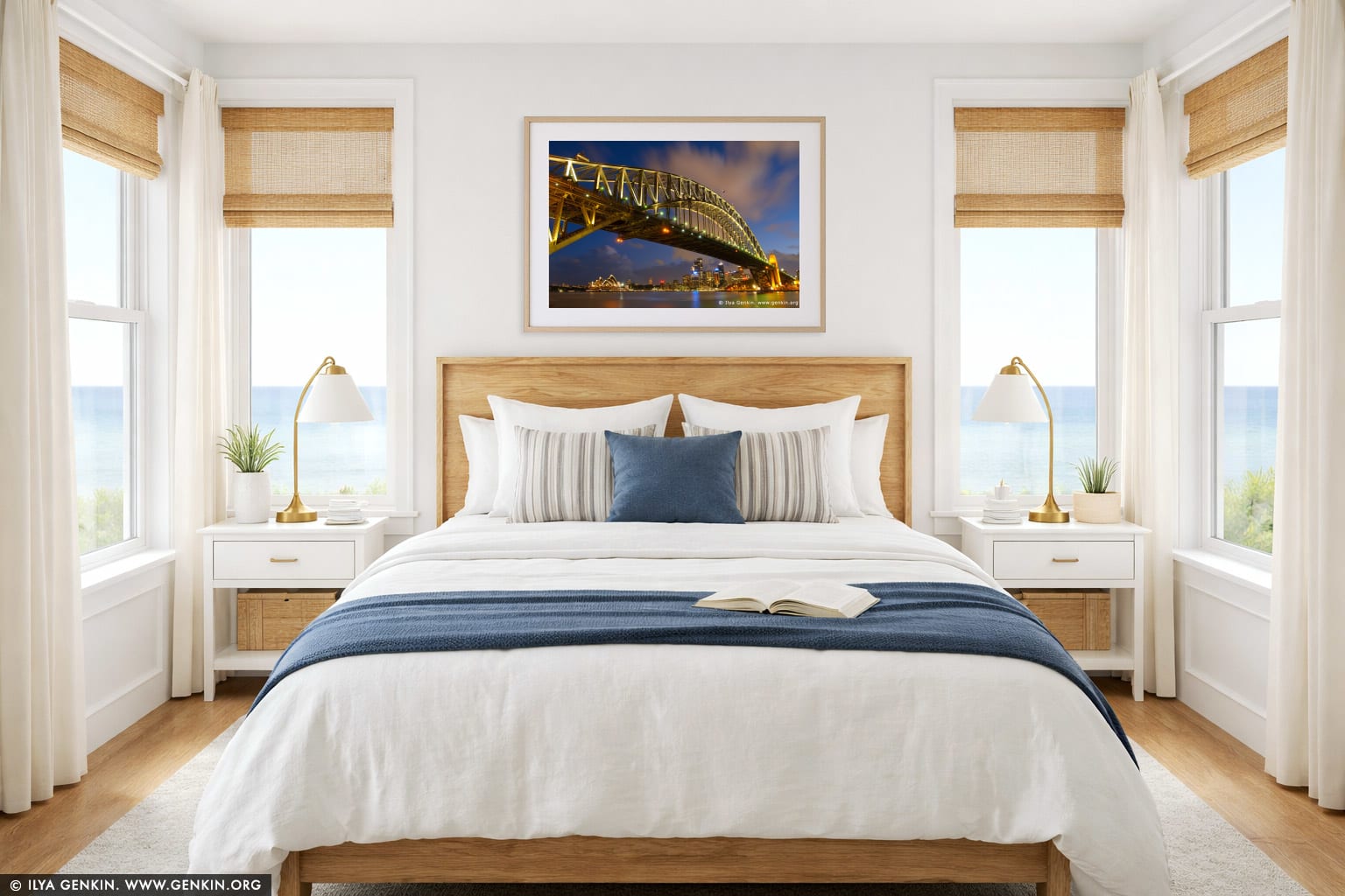 Sydney Harbour Bridge at Night wall art in a bedroom interior