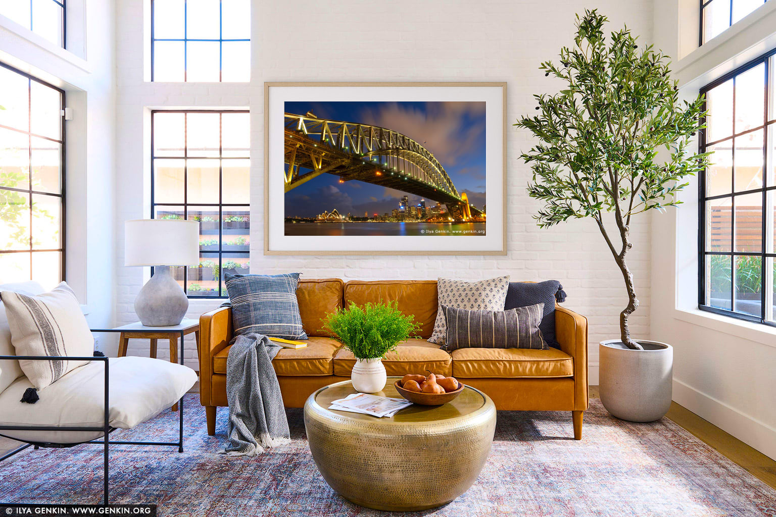 Sydney Harbour Bridge at Night wall art in a contemporary living room interior