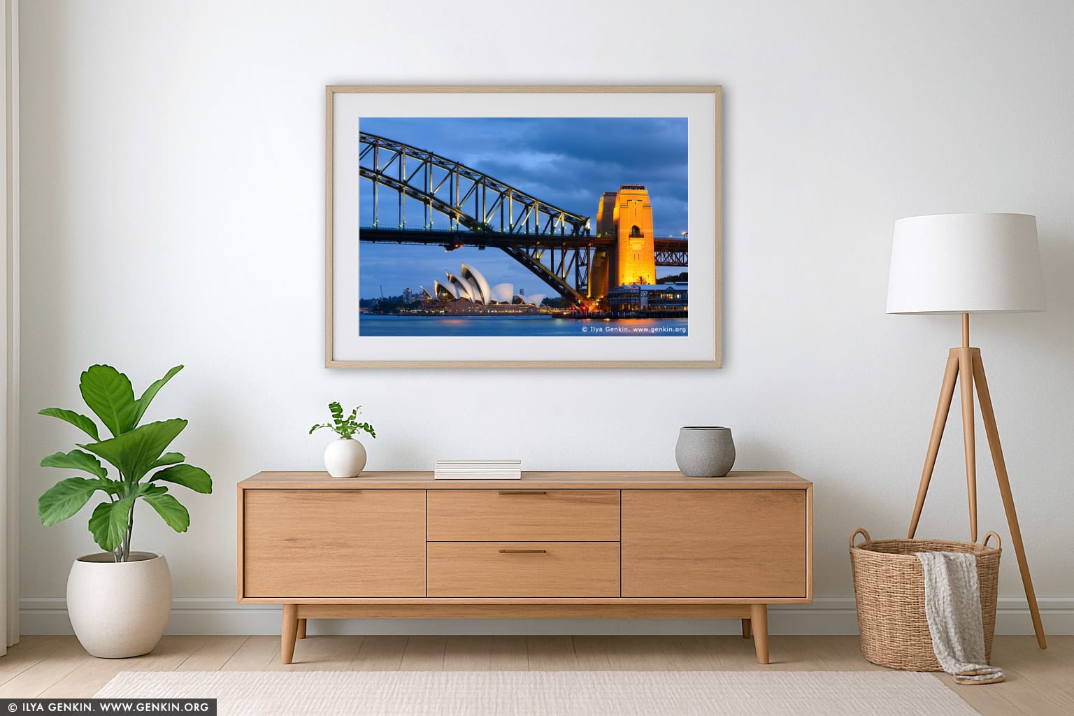 Sydney Harbour Bridge and Opera House at Night wall art in a modern living room interior