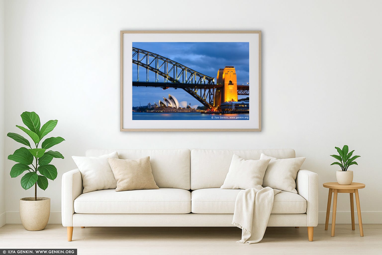 Sydney Harbour Bridge and Opera House at Night wall art in a minimalist living room interior