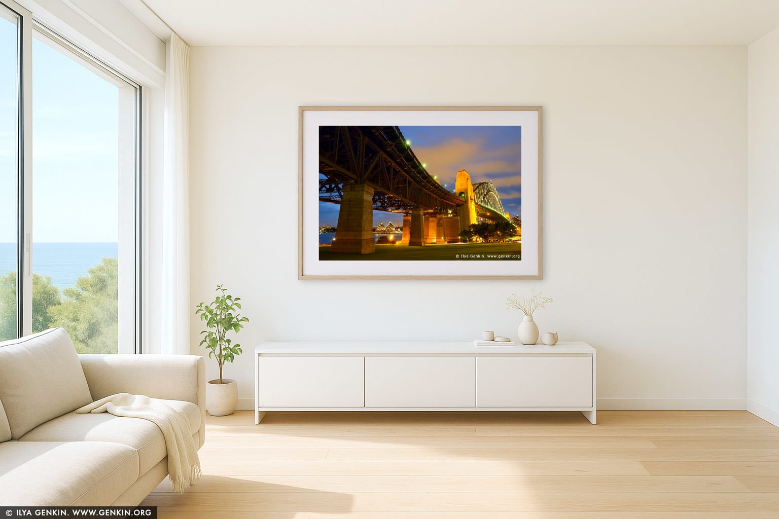 Sydney Harbour Bridge at Night wall art in a modern living room interior