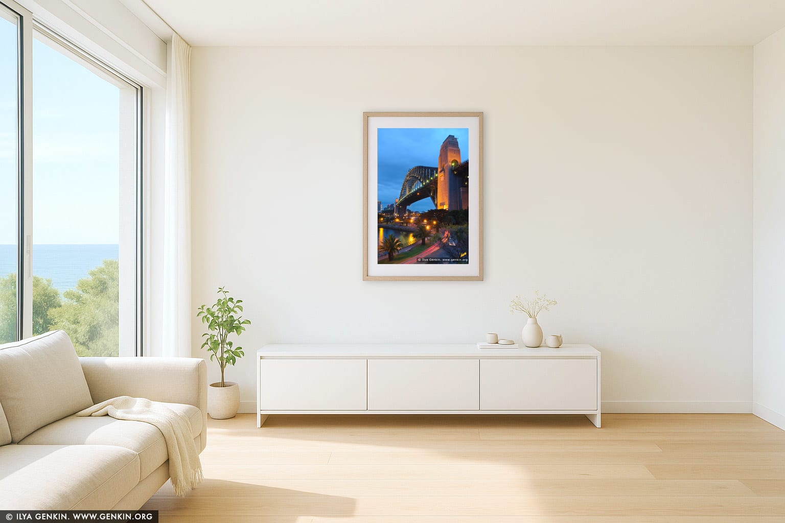 Sydney Harbour Bridge at Night wall art in a minimalist living room interior