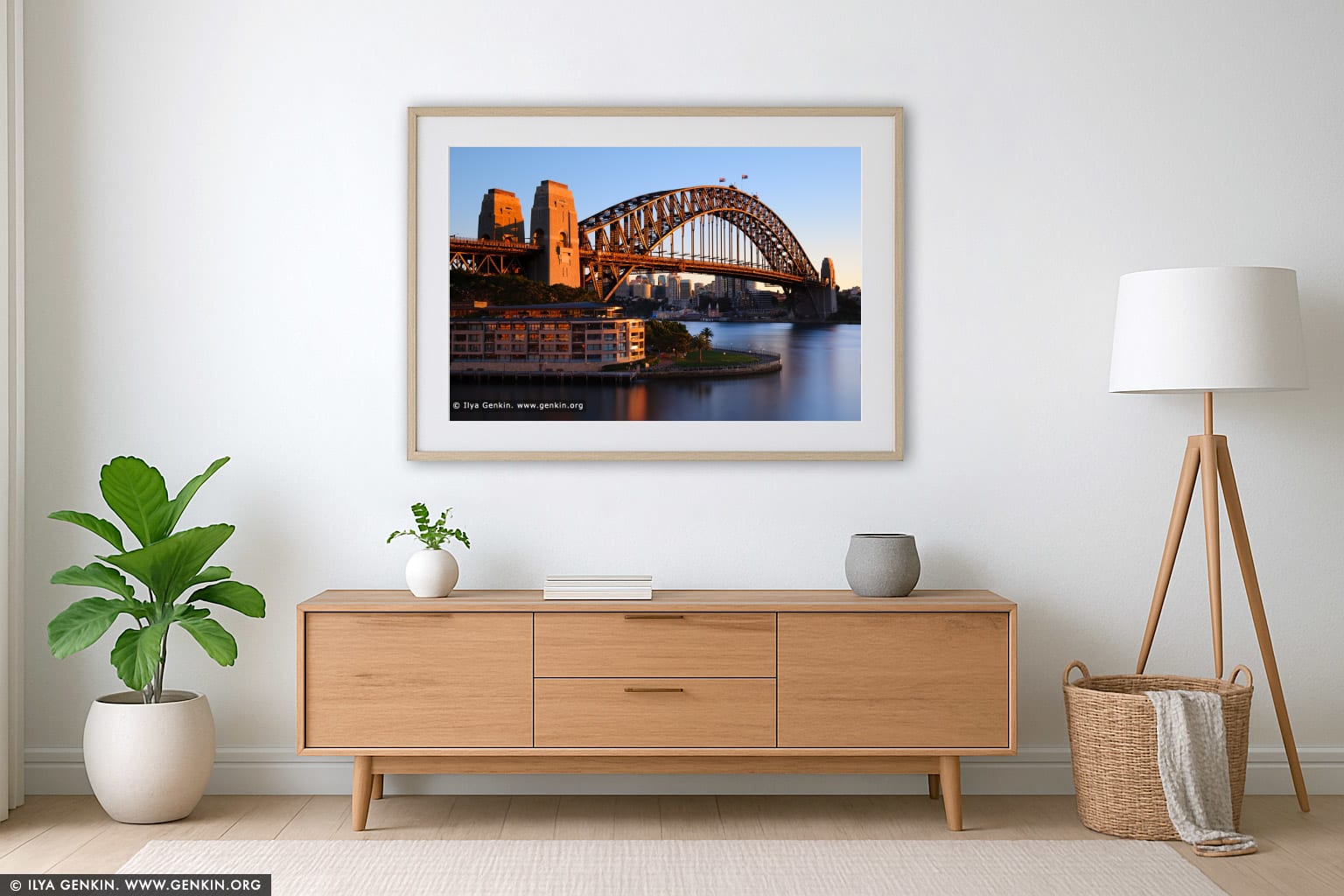 Sydney Harbour Bridge and The Park Hyatt Hotel at sunrise wall art in a modern living room interior