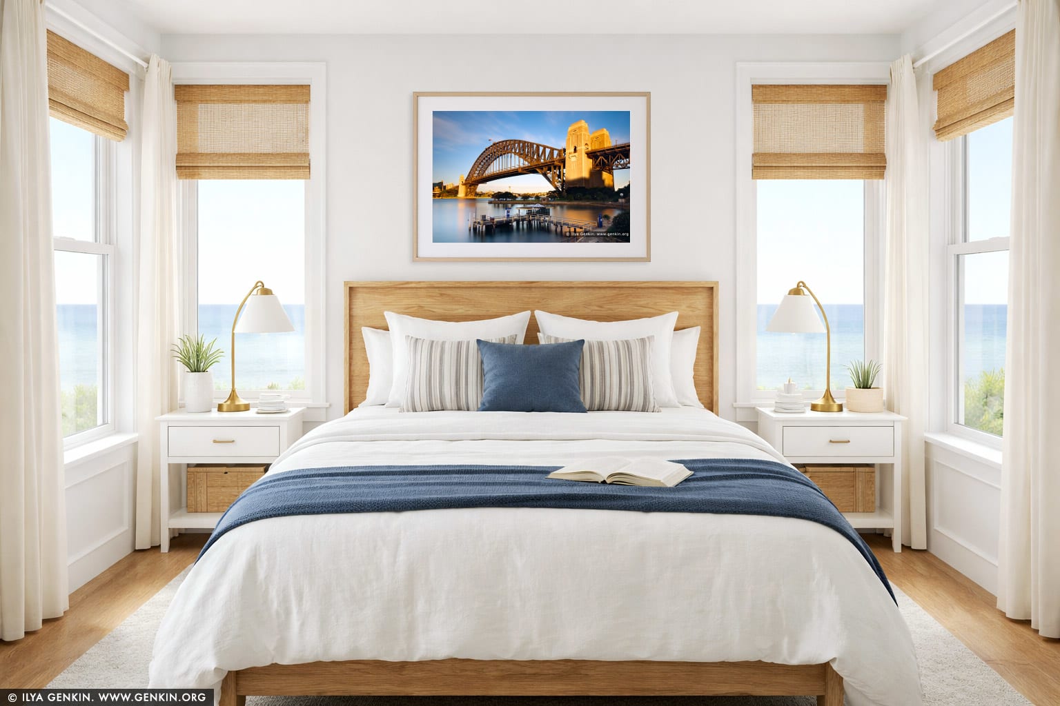 Sydney Harbour Bridge from Kirribilli at Dawn wall art in a bedroom interior