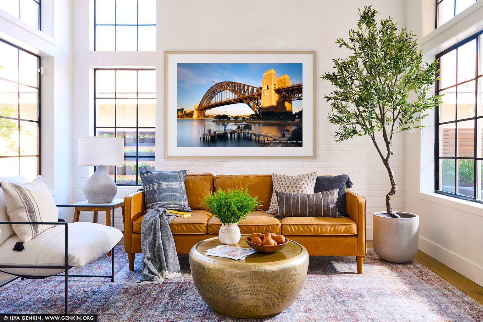 Sydney Harbour Bridge from Kirribilli at Dawn wall art in a contemporary living room interior