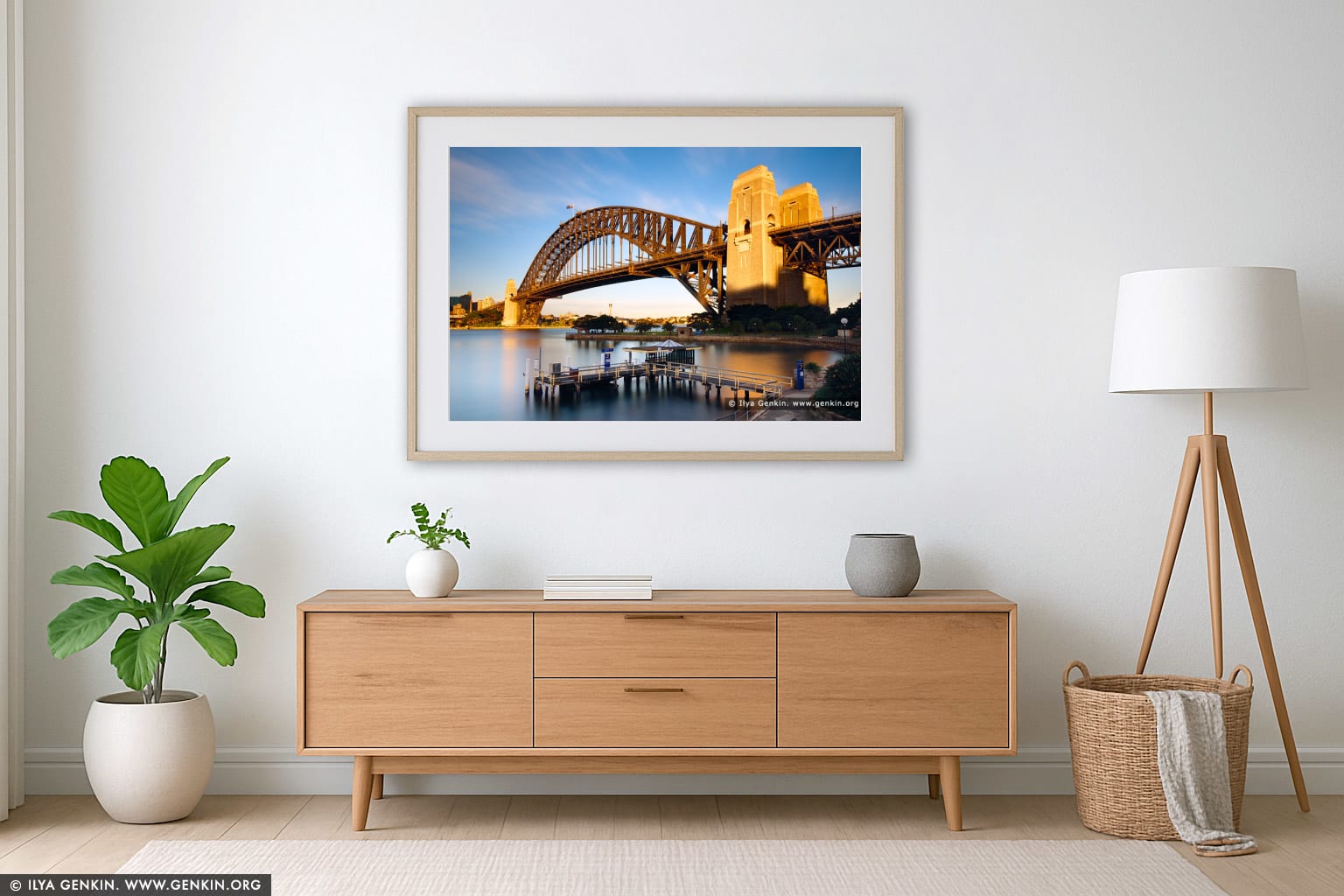 Sydney Harbour Bridge from Kirribilli at Dawn wall art in a minimalist living room interior