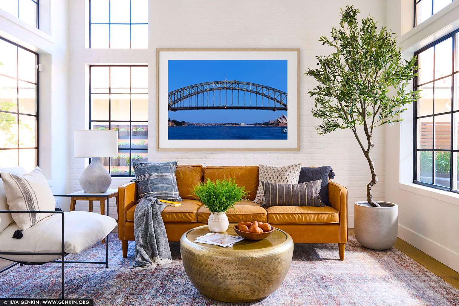 Sydney Harbour Bridge and Opera House after Sunset wall art in a modern living room interior