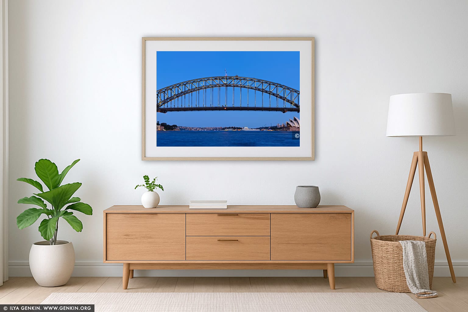 Sydney Harbour Bridge and Opera House after Sunset wall art in a contemporary living room interior