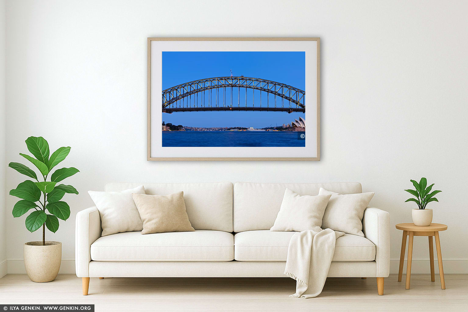 Sydney Harbour Bridge and Opera House after Sunset wall art in a luxury living room interior