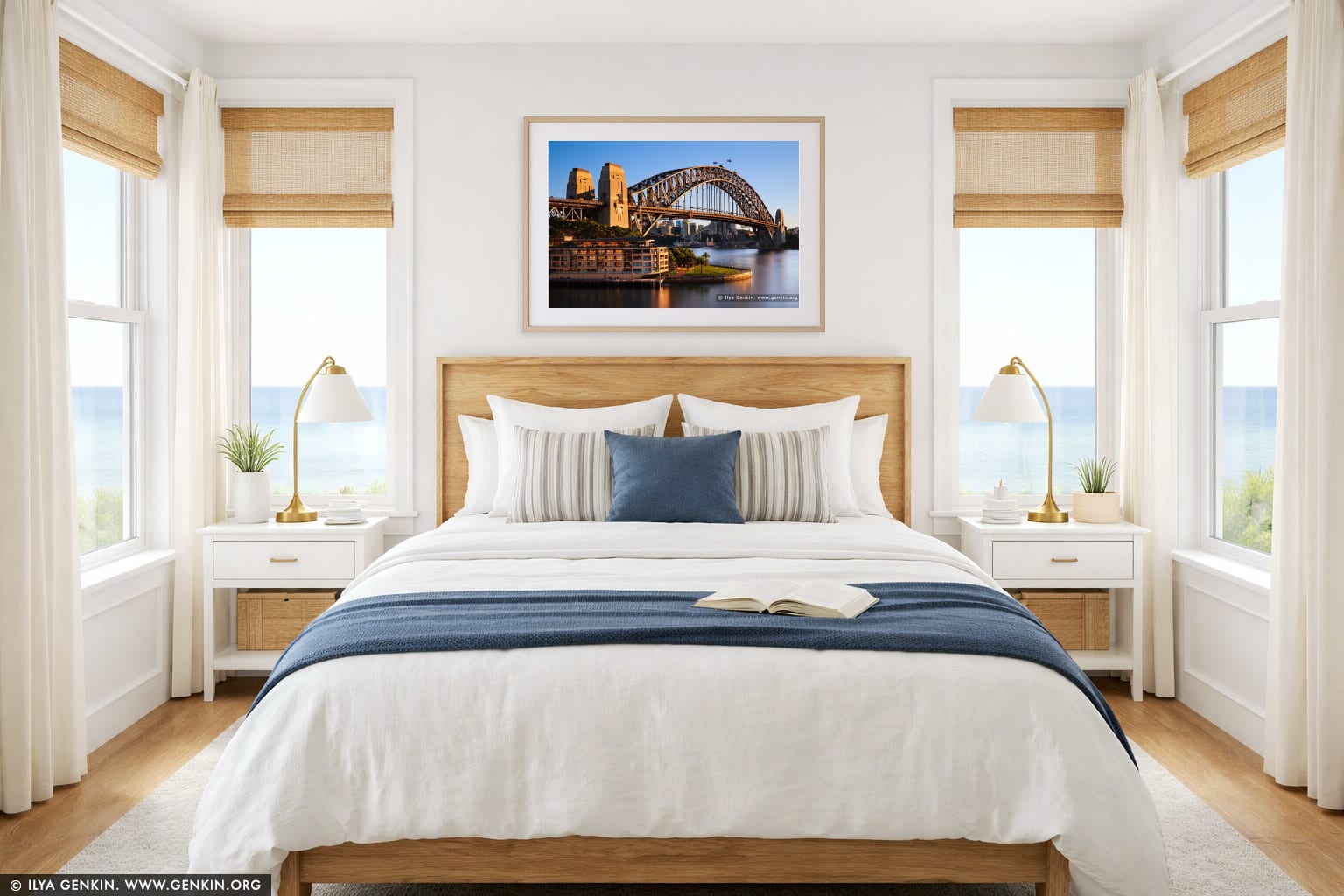 Sydney Harbour Bridge and The Park Hyatt Hotel in the Morning wall art in a bedroom interior