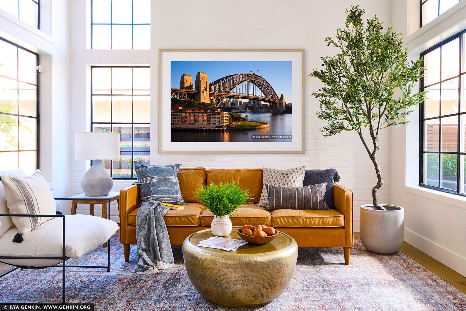 Sydney Harbour Bridge and The Park Hyatt Hotel in the Morning wall art in a minimalist living room interior