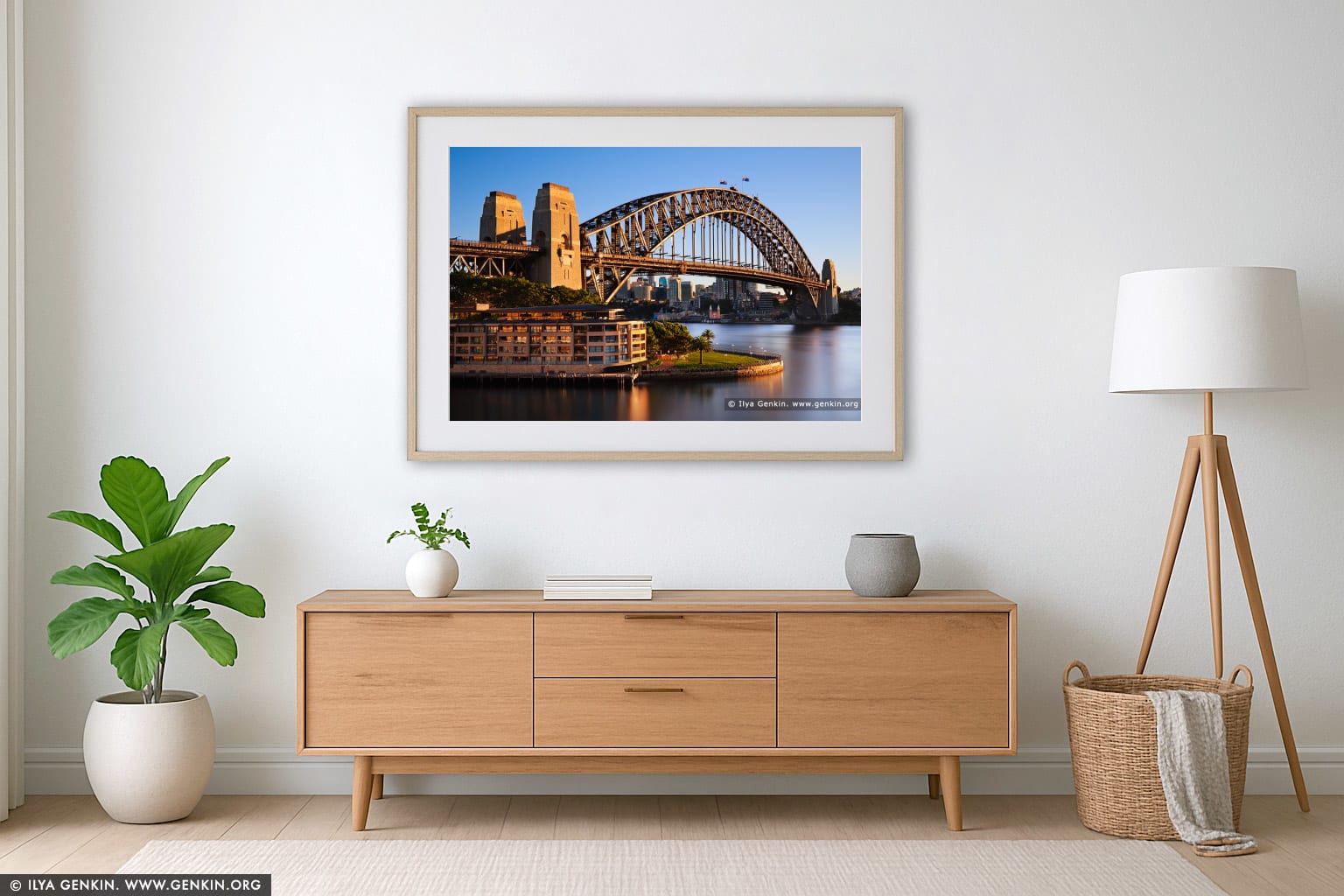 Sydney Harbour Bridge and The Park Hyatt Hotel in the Morning wall art in a luxury living room interior