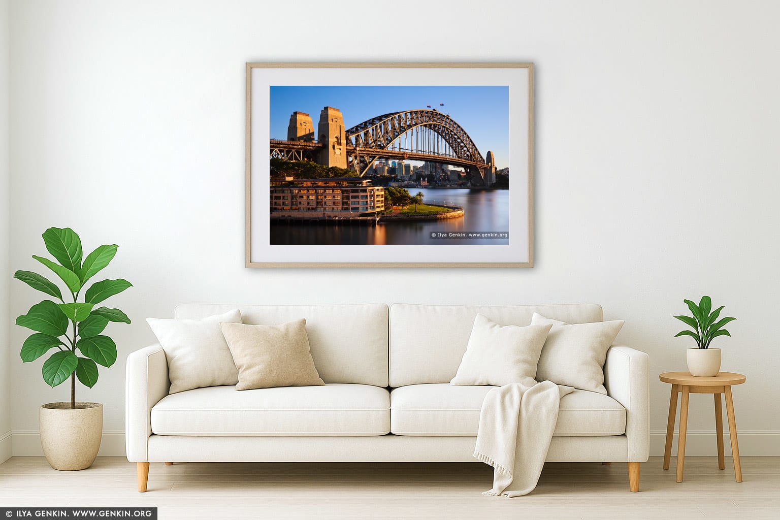 Sydney Harbour Bridge and The Park Hyatt Hotel in the Morning wall art in a contemporary living room interior